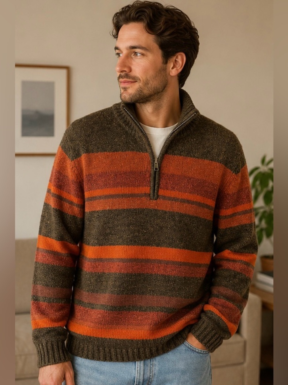 Tōgo 100% Lambswool Half Zip Sweater Men’s Medium Brown Orange Striped Pullover